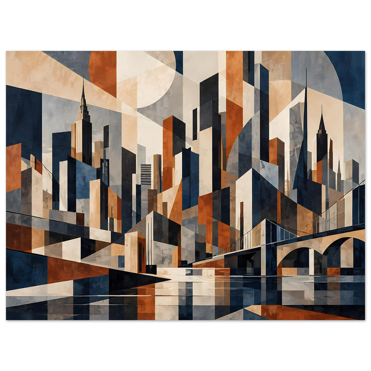 Poster mit Stadtmotiv im Geometrielook: Türme, Brückenbogen und Kreisformen in Blau/Rost