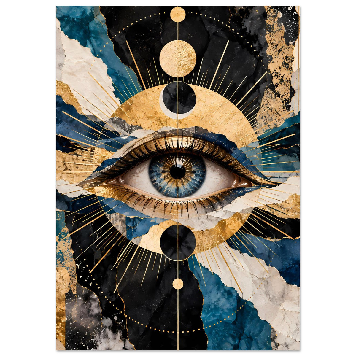 Hochformat-Poster mit großem Auge in Blau, Gold und Schwarz, mit dekorativen Kreisen und Strahlen.