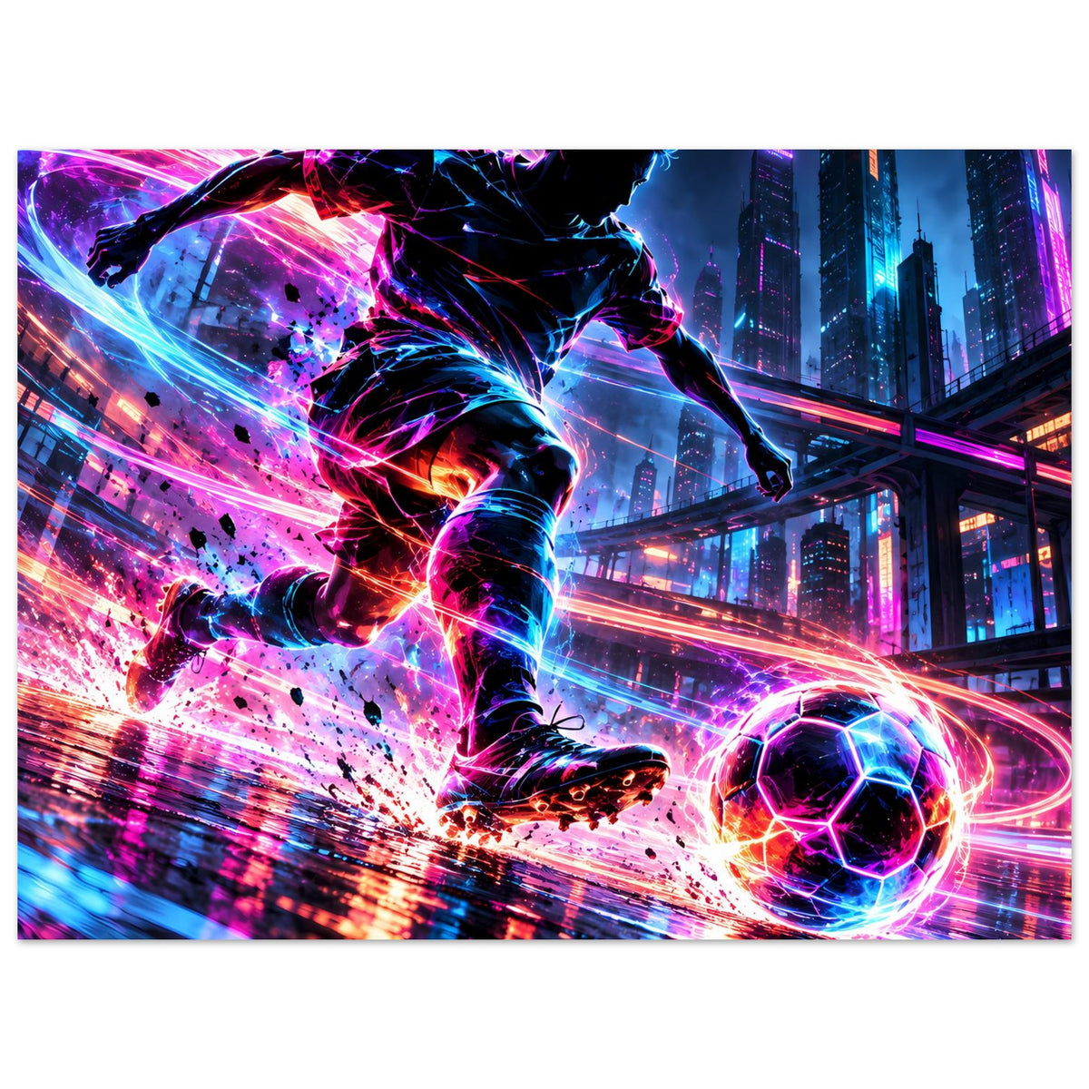 Neon-Fußball-Actionposter: Spieler im Flug, leuchtender Ball und farbige Lichtspuren mit Spritzern