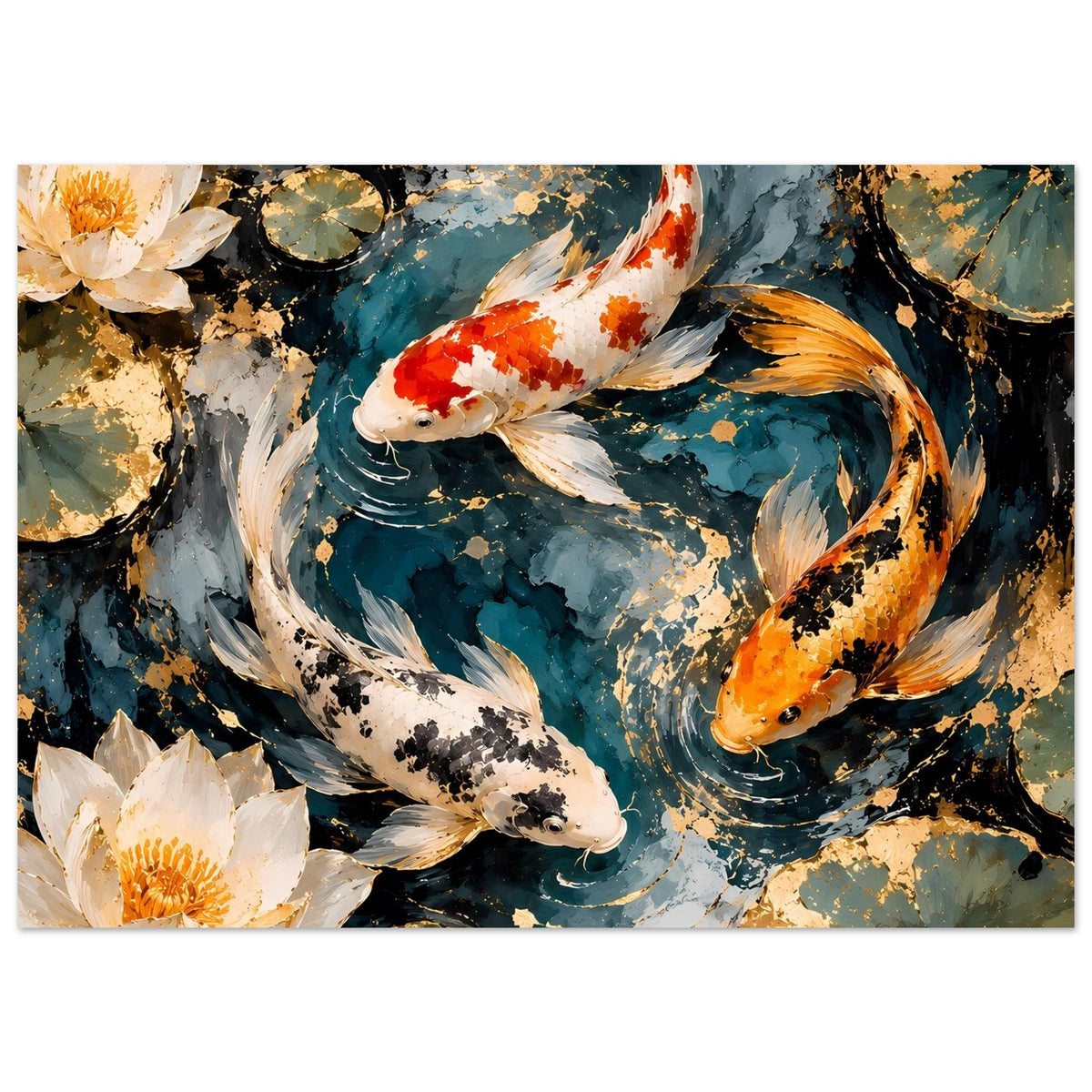 Kunstposter im Querformat mit mehreren Koi-Fischen und zwei weißen Lotusblüten links