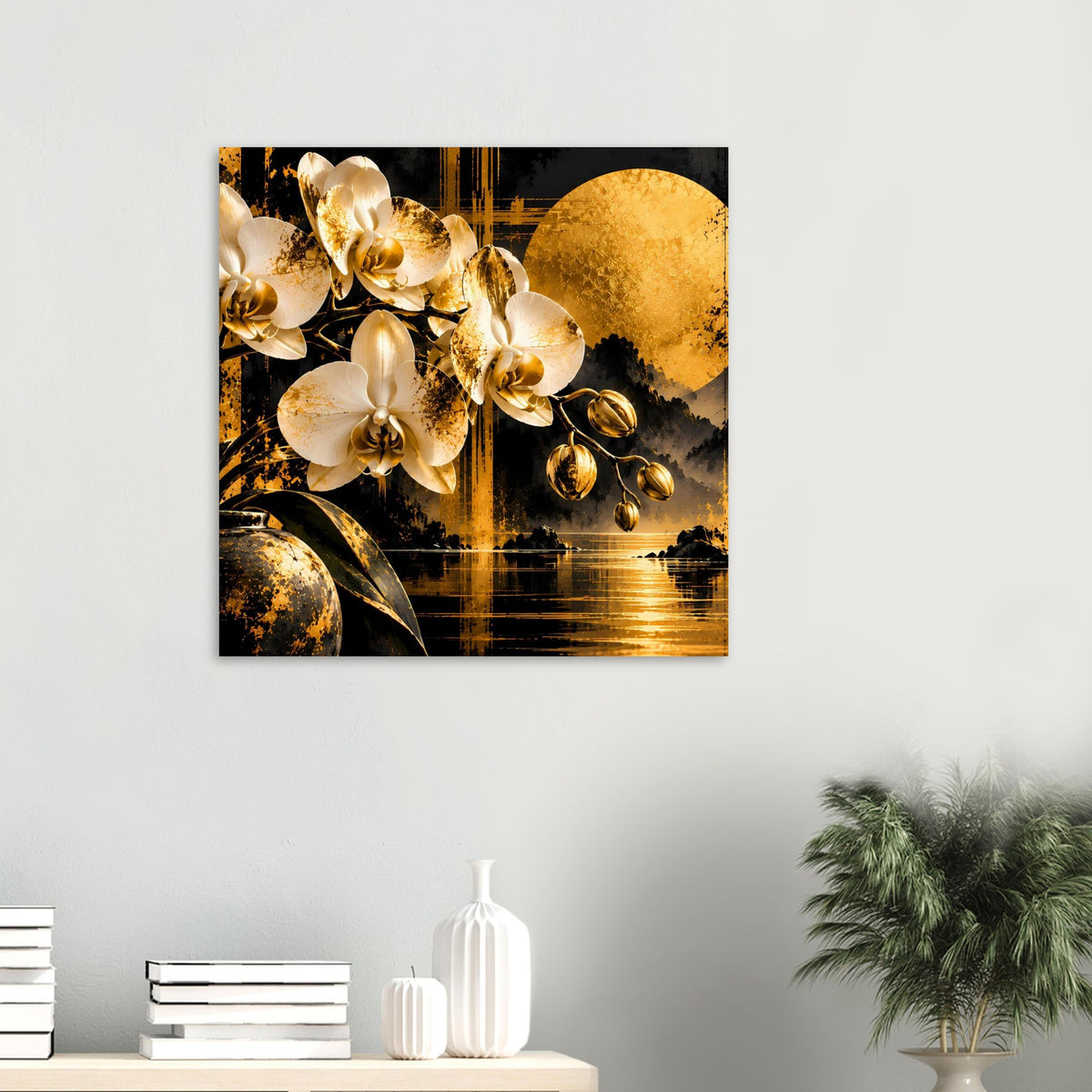 Wandposter mit goldenen Orchideen und rundem Mondmotiv über dunklem Wasser