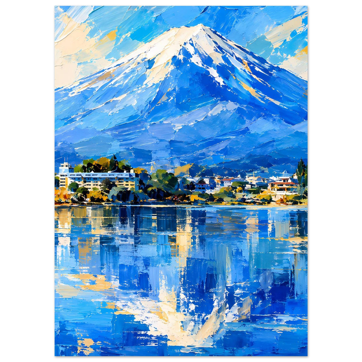 Vertikales Poster mit blauem Berg, Uferhäusern und reflektierendem See im Pinselstil