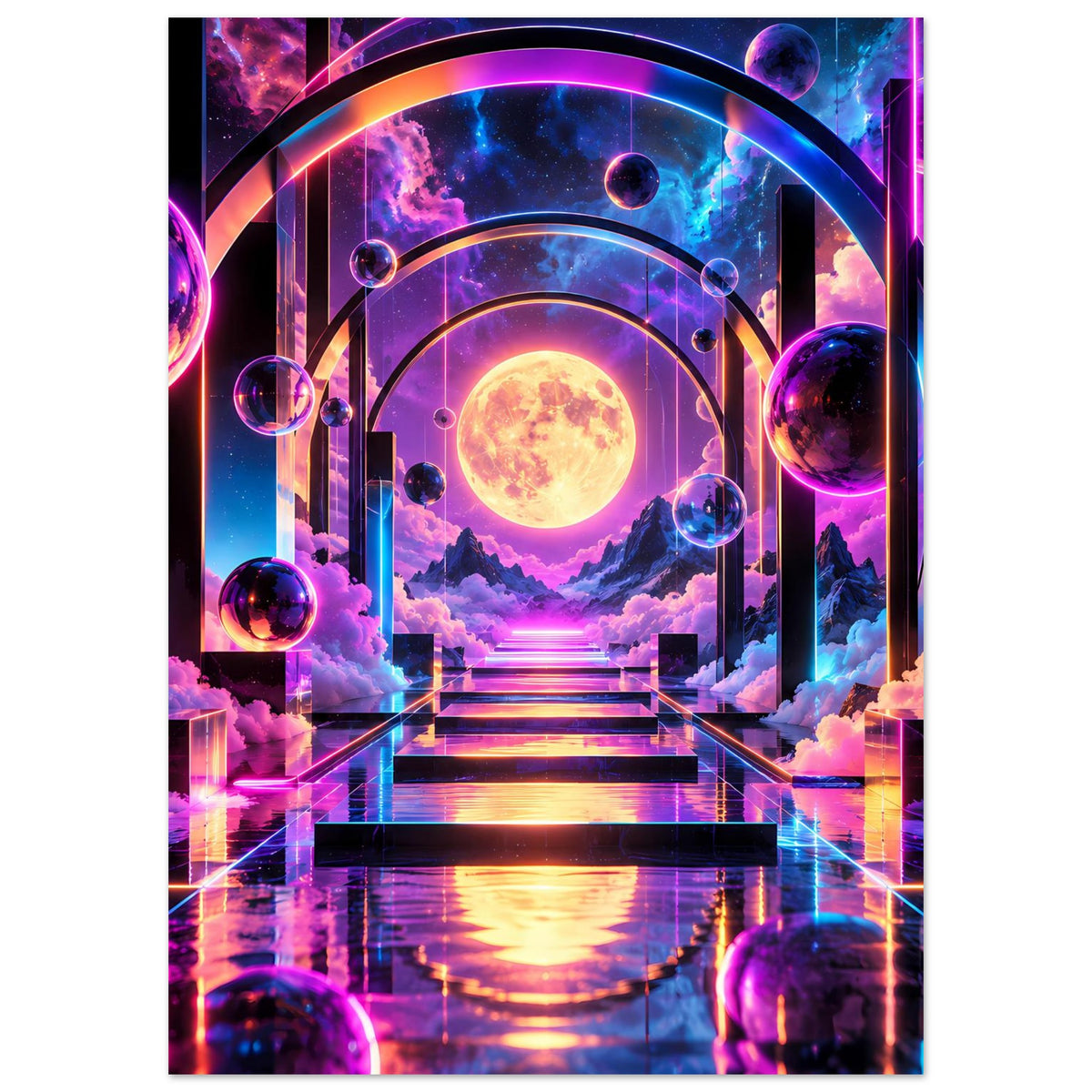 Vertikales Poster mit Neon-Galaxie: goldener Planet, bunte Portalbögen, Wolken und Treppe