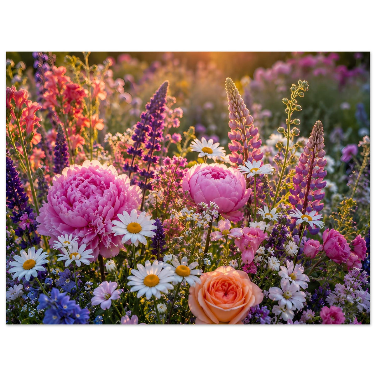 Blumenmeer-Poster im Querformat mit vielen Blüten, rosa Pfingstrosen und Margeriten