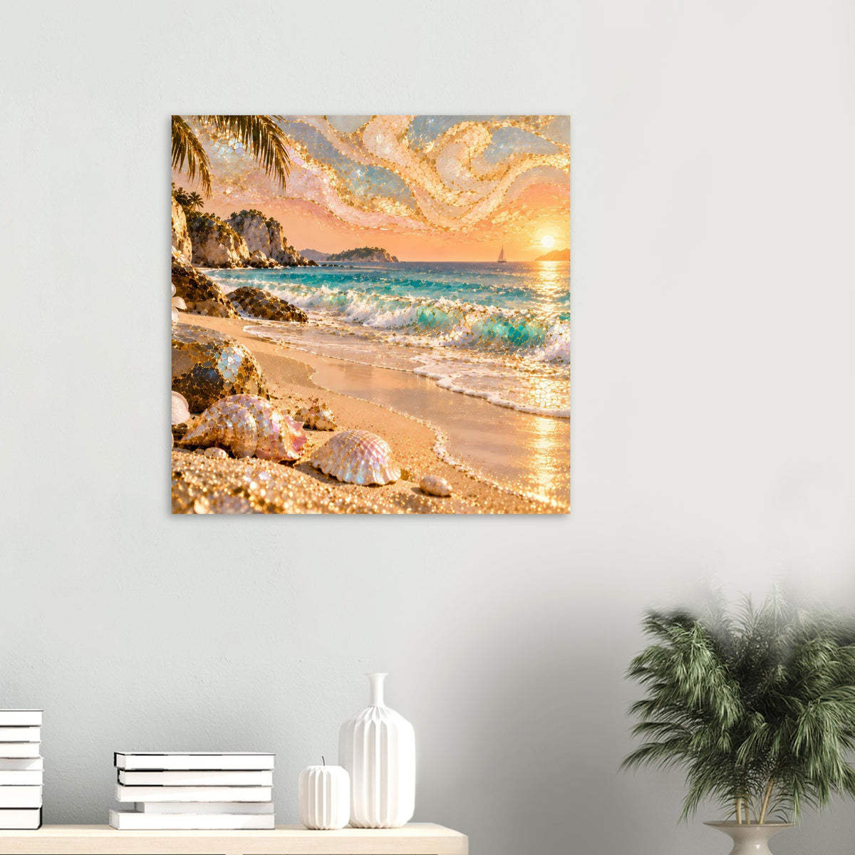 Quadratisches Poster mit Strandmotiv, warmem Sonnenuntergang und goldenen Mosaikakzenten