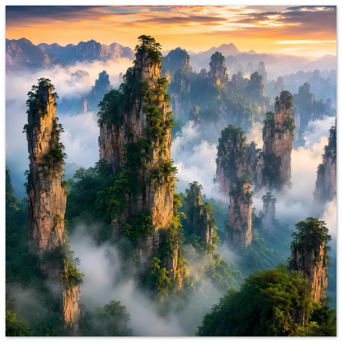 Querformat-Wandposter: Nebel zwischen Berg-Felsnadeln, Dschungelgrün und Sonnenaufgangshimmel, gerahmt.