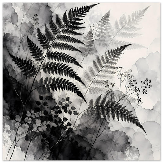 Botanisches Kunstposter mit Farnblättern und Blattzweigen in Schwarzweiß, im weißen Rand.