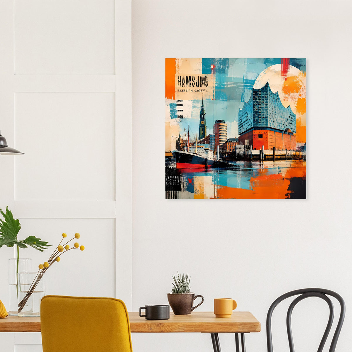 Wandposter mit Hamburger Hafen und Elbphilharmonie, türkis-orange, kräftige Farbstrukturen