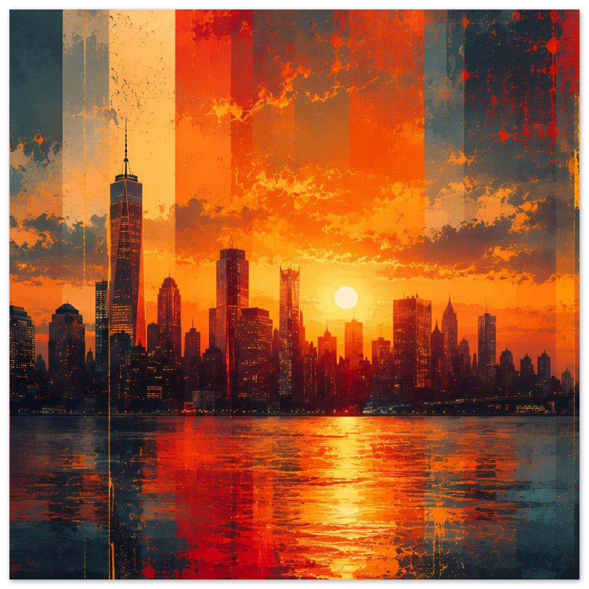 Querformat-Stadtposter mit markanten Hochhäusern, orange-roter Himmel, Sonnenreflex im Wasser