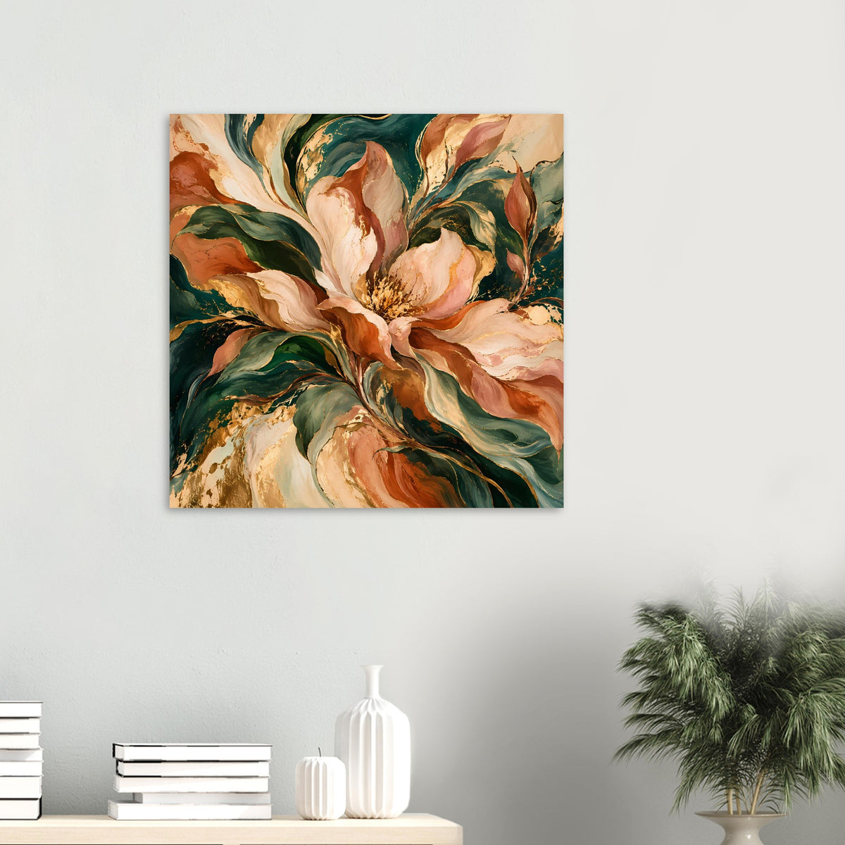 Blumenposter mit Pfingstrosen in Creme, Grün und warmen Rosttönen, rechteckiges Motiv