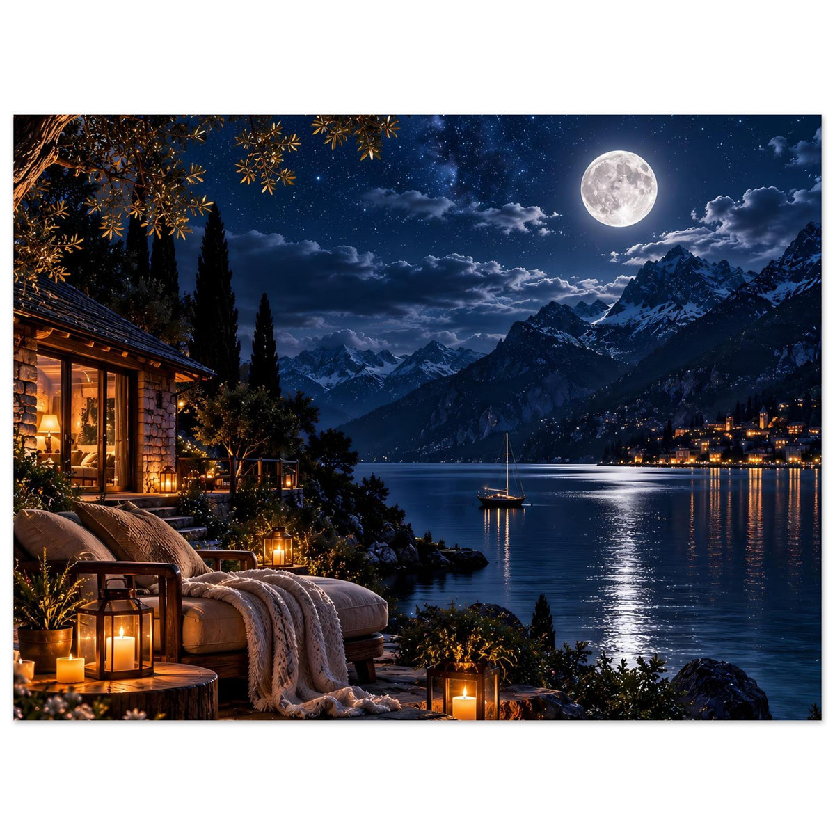 Poster mit Nachtszene: Vollmond am Himmel, Bergsee mit Lichtern, Kerzen auf der Terrasse