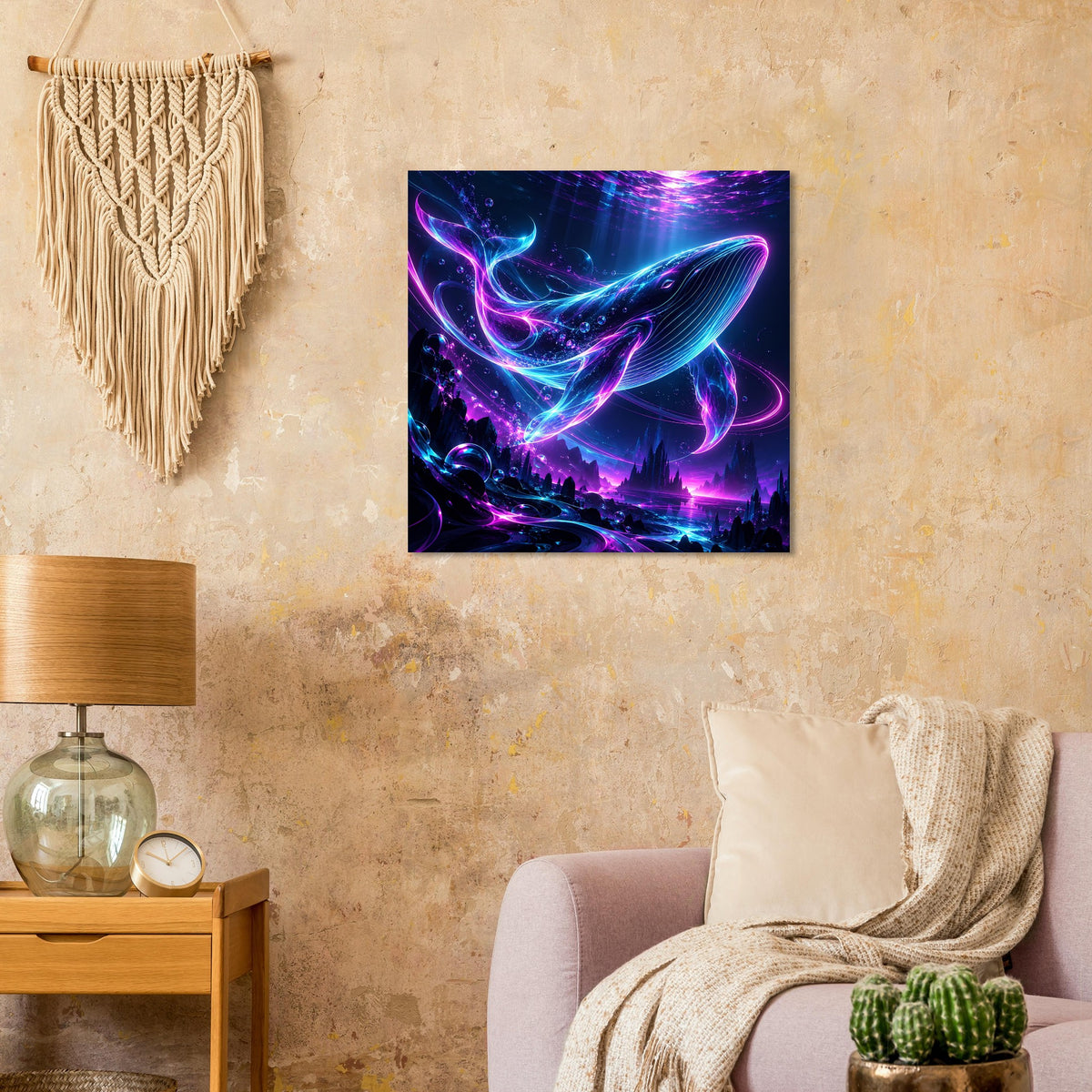 Quadratisches Poster mit Neon-Wal in Blau und Pink, leuchtende Wellen, schwarz gerahmt
