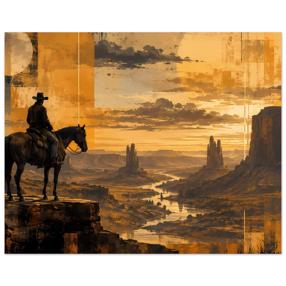 Horizontales Poster mit Cowboy und Pferd links, Canyons und Fluss im warmen Abendlicht