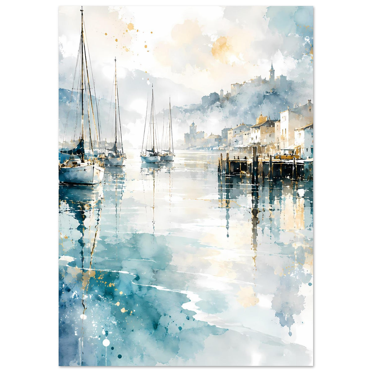 Aquarell-Poster mit Segelschiffen am Kai, blauer Farbverlauf im Hafenwasser