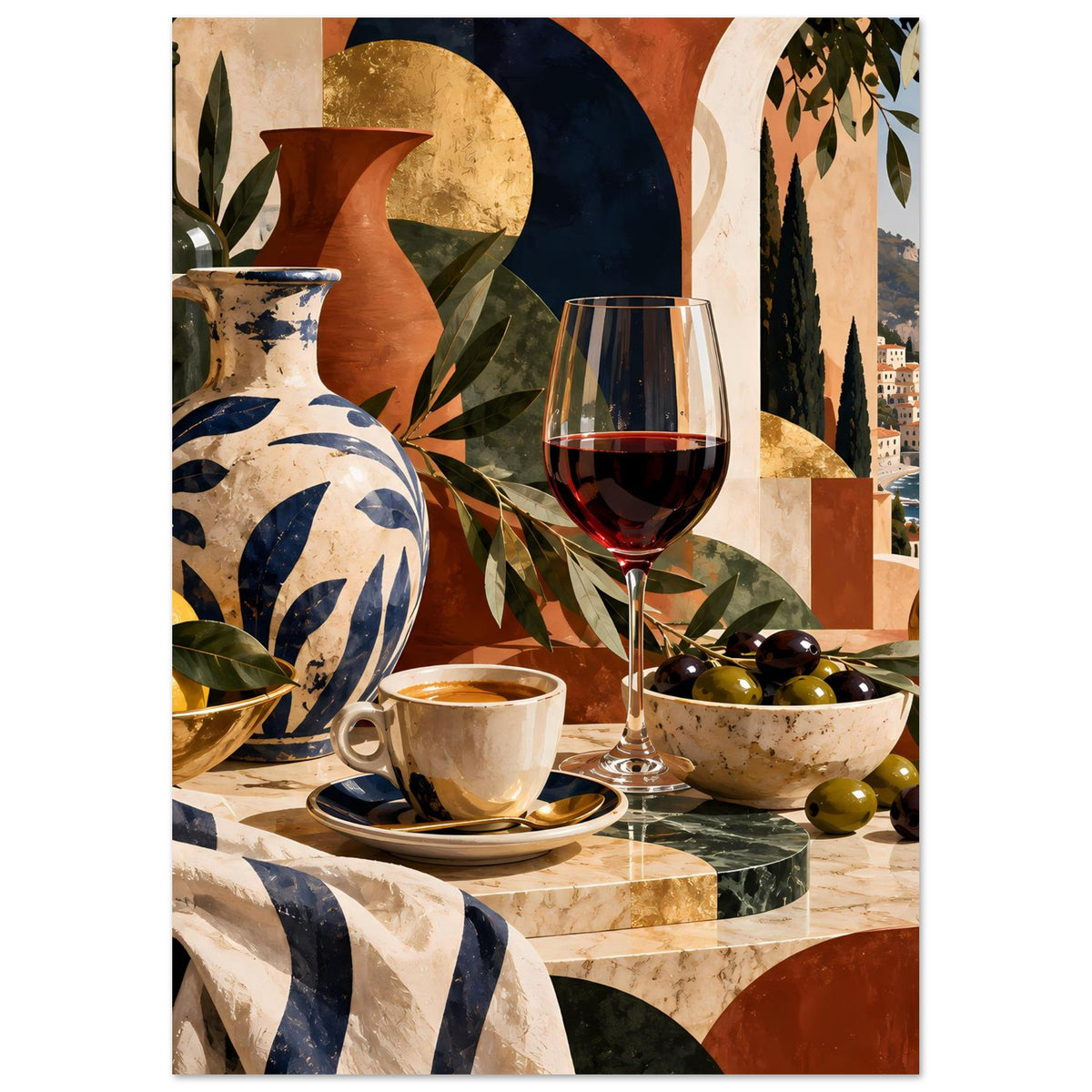Poster mit Stillleben: bunte Vase, Weinglas, Oliven in Schale sowie Tasse und Teller