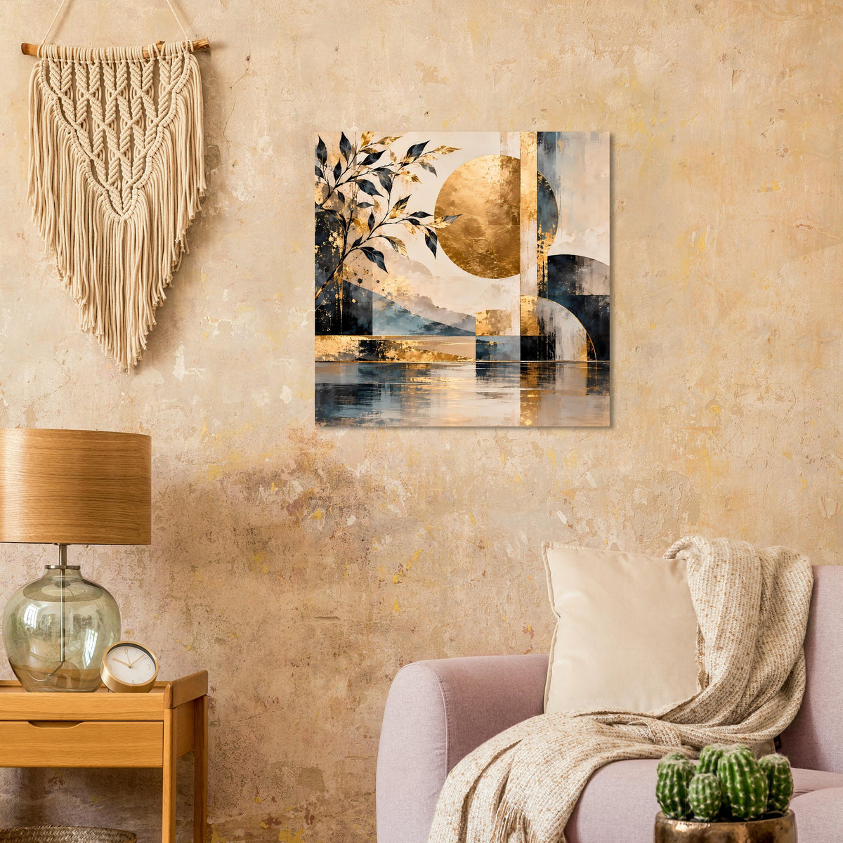 Abstraktes Poster mit goldenem Kreis, Baumzweigen und spiegelnder blau-goldener Fläche.