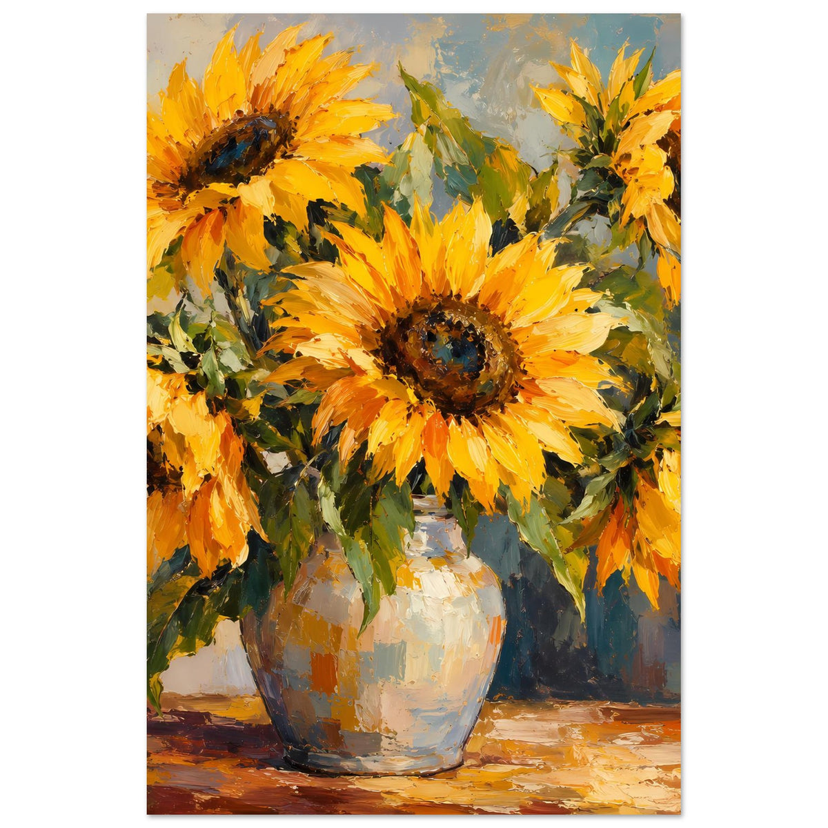 Sonnenblumen-Stillleben-Poster: gelbe Sonnenblumen im Glasvasenbild, gemalte Textur.