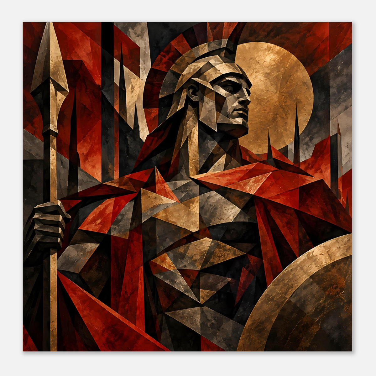 Poster im Querformat: Spartan-Kriegerprofil und Schild, geometrisches Rot-Gold-Motiv