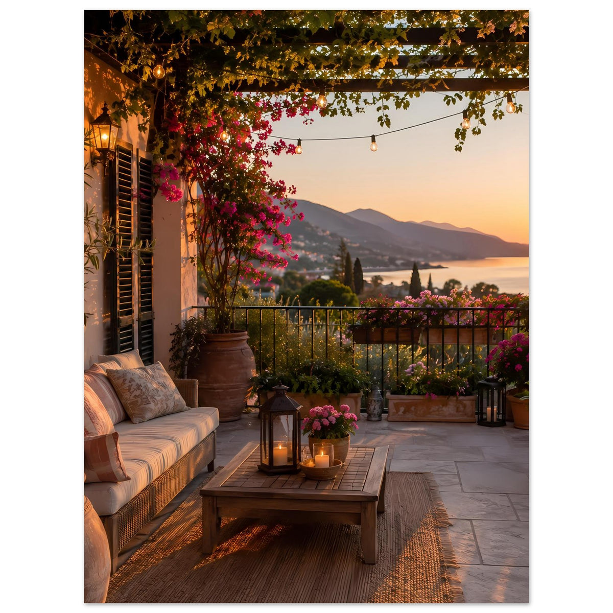 Poster: mediterrane Balkonansicht mit Bank, Tisch, Blumentöpfen und Bergpanorama