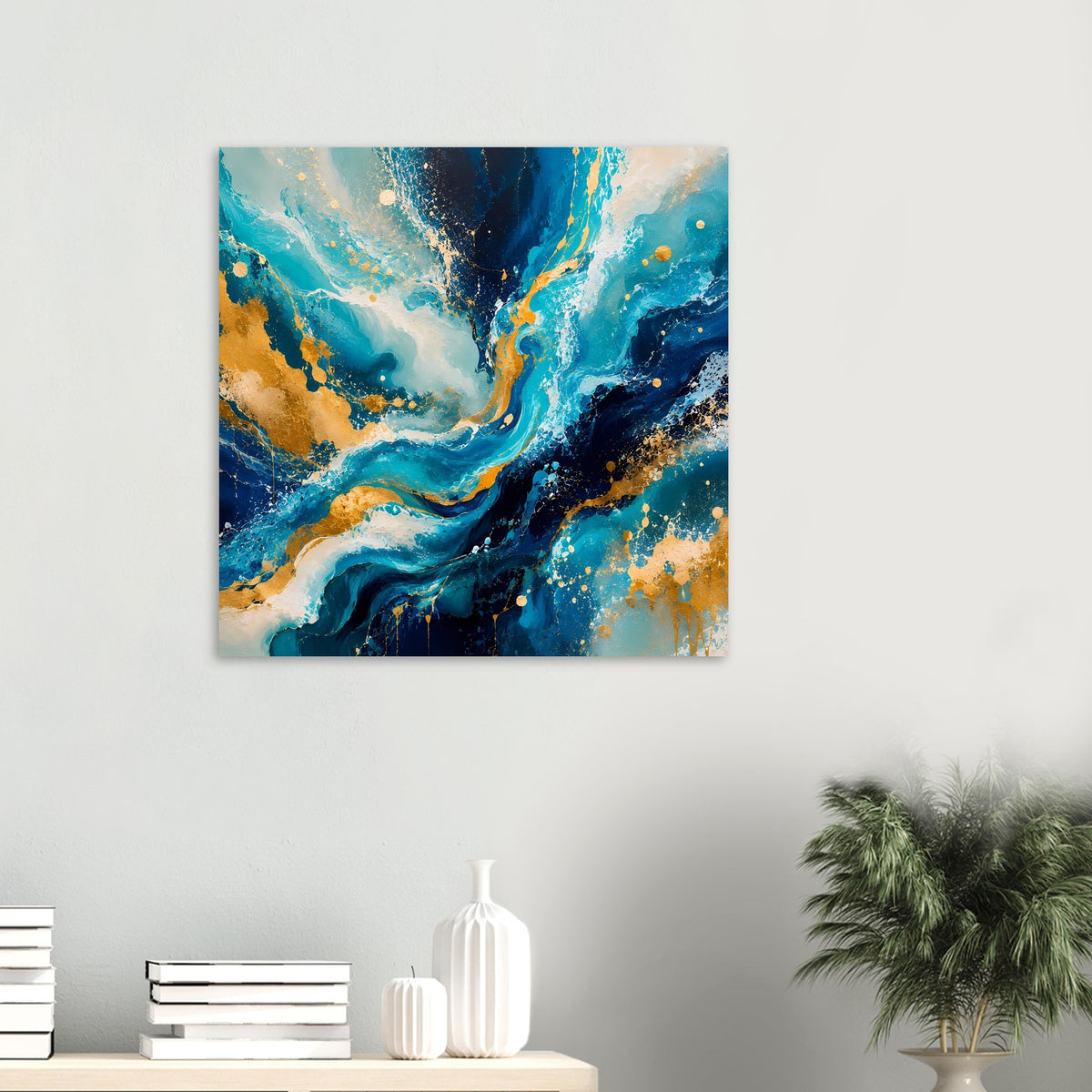 Quadratisches Kunstposter mit abstraktem Blau‑Gold‑Strudel und goldenen Farbspritzern