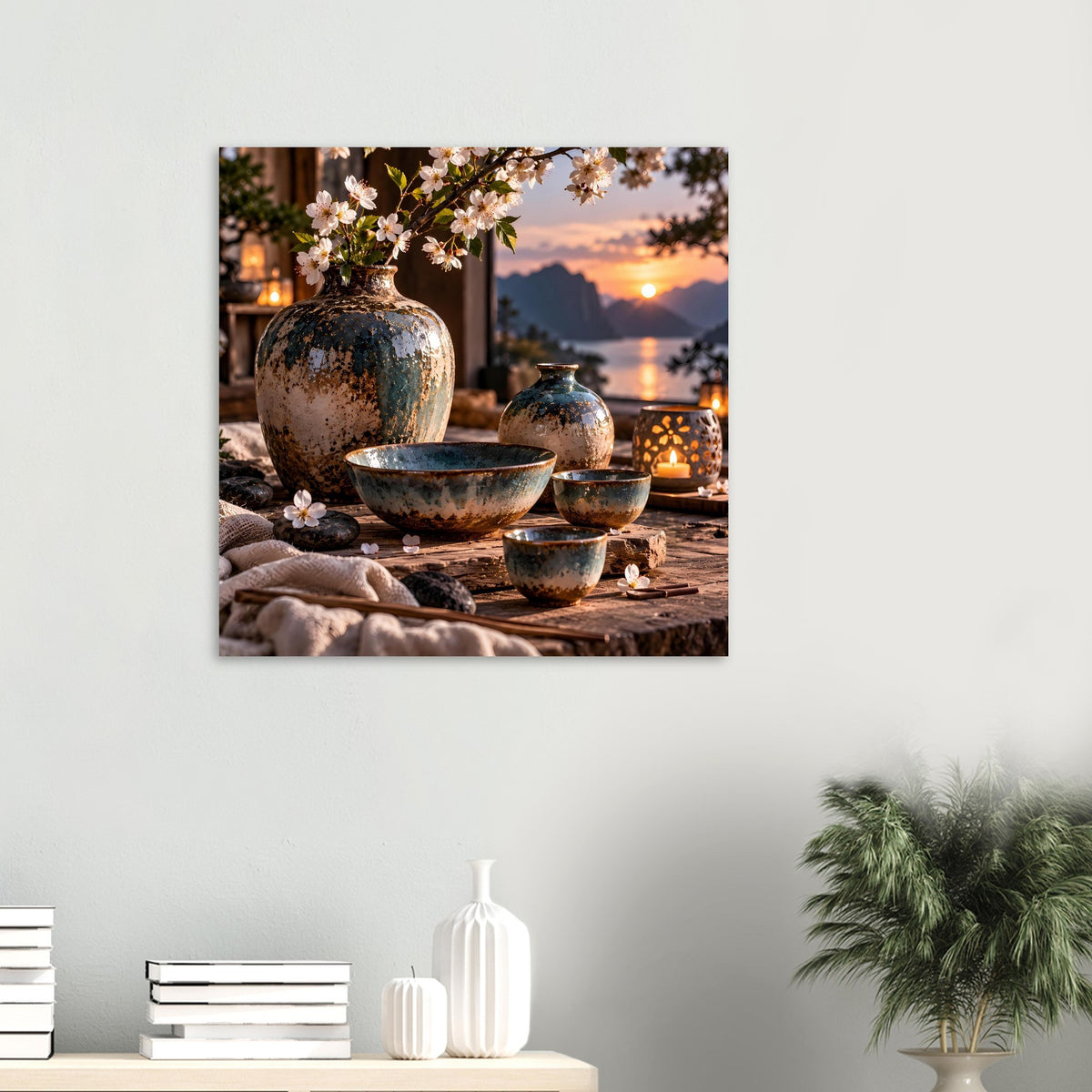 Poster mit japanischer Keramik: blau gesprenkelte Schalen und Vasen, Kirschblüten vor Abendhimmel