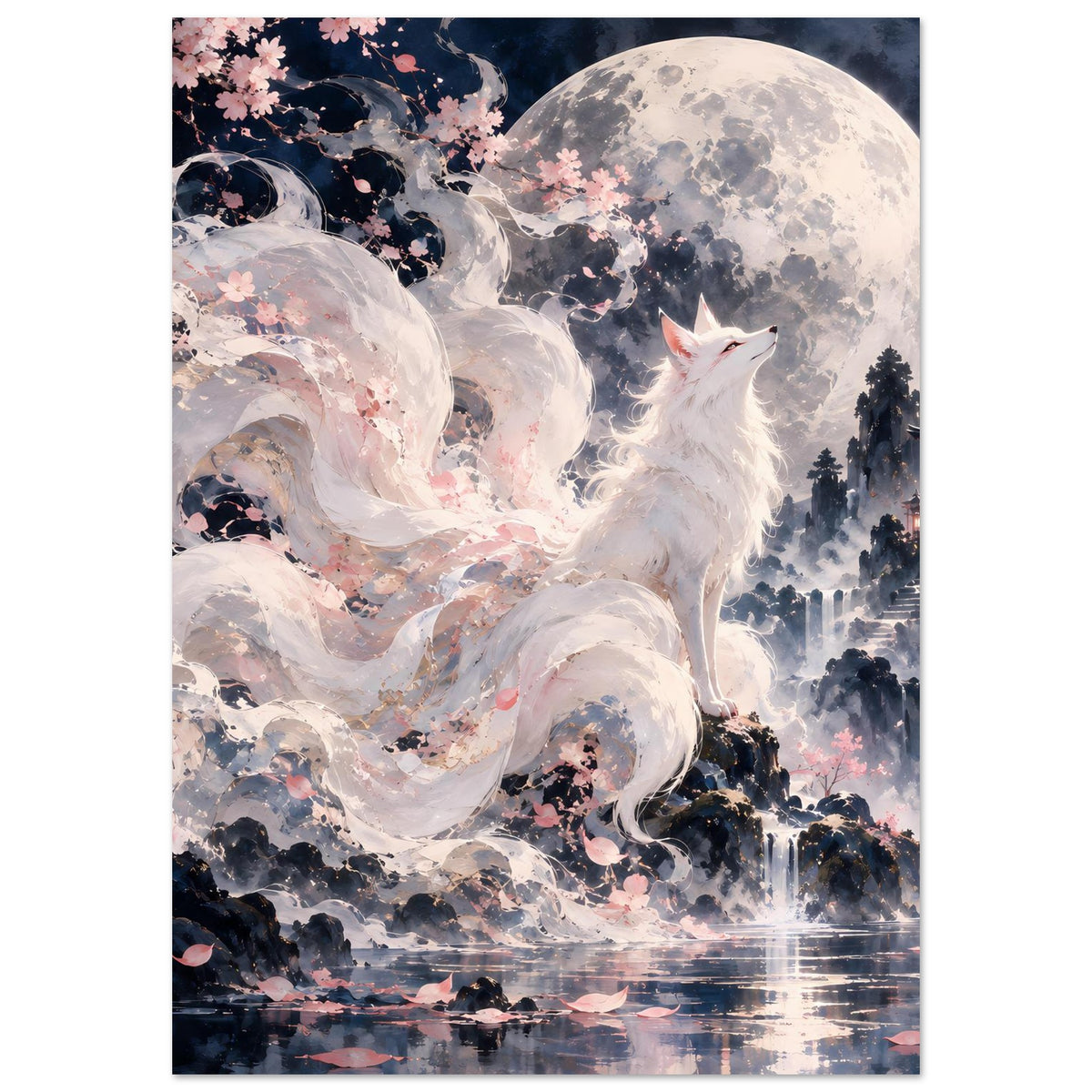 Hochformatiges Fantasy-Poster: weißer Fuchs mit flauschigem Fell, Vollmond und Kirschblüten am Himmel.