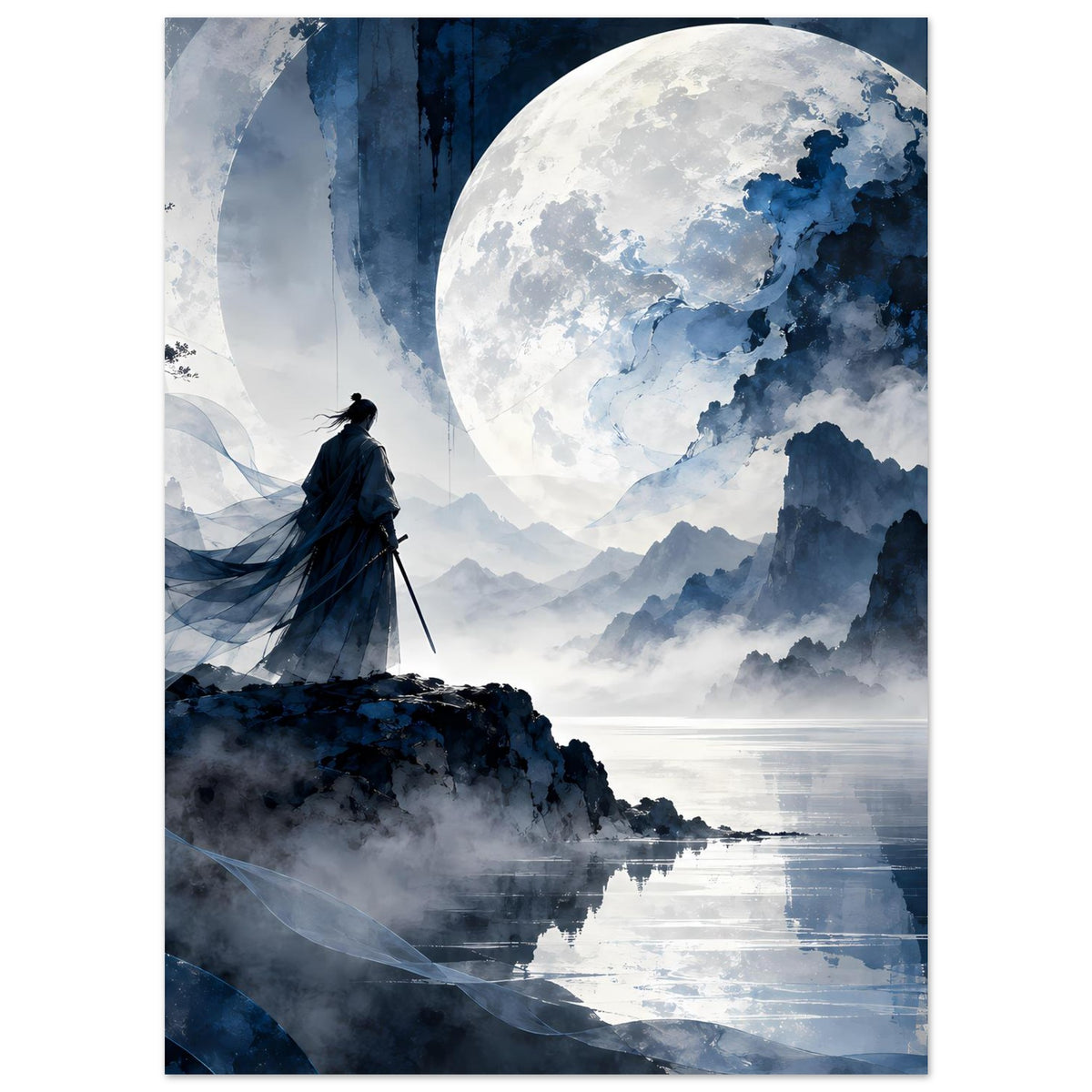 Mattes Poster mit Samurai auf felsigem Rand, großem Mond, neblige Berge und See.