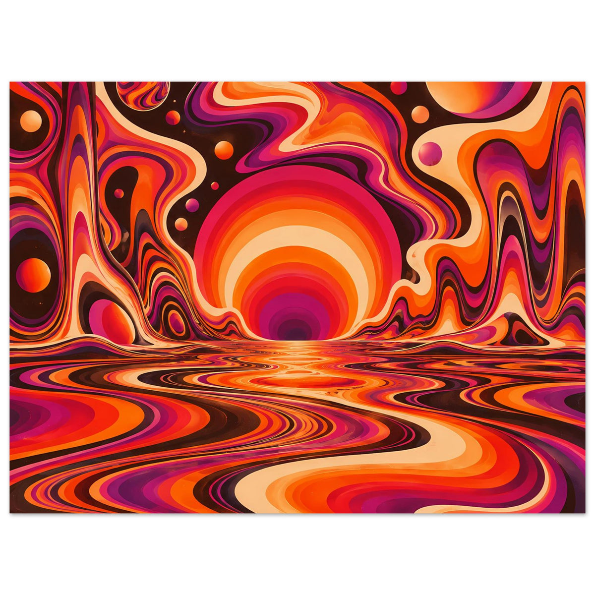 Nahansicht des Posters: orange-lila Wirbelhügel, glänzende Kreise und Sonnenring
