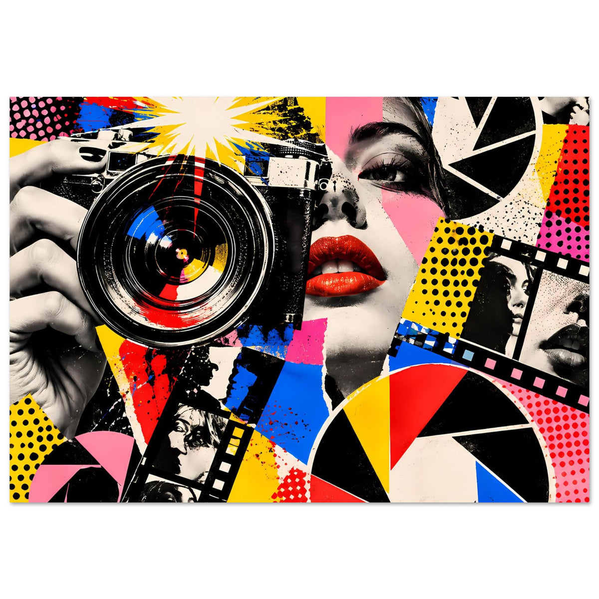 Pop-Art-Fotografie-Poster mit Kamera links, weiblichem Porträt rechts, Comic-Farbflächen