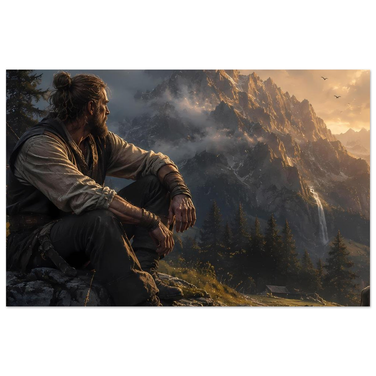 Poster: Panorama mit Wanderer auf Fels, Berge und Wald im goldenem Licht