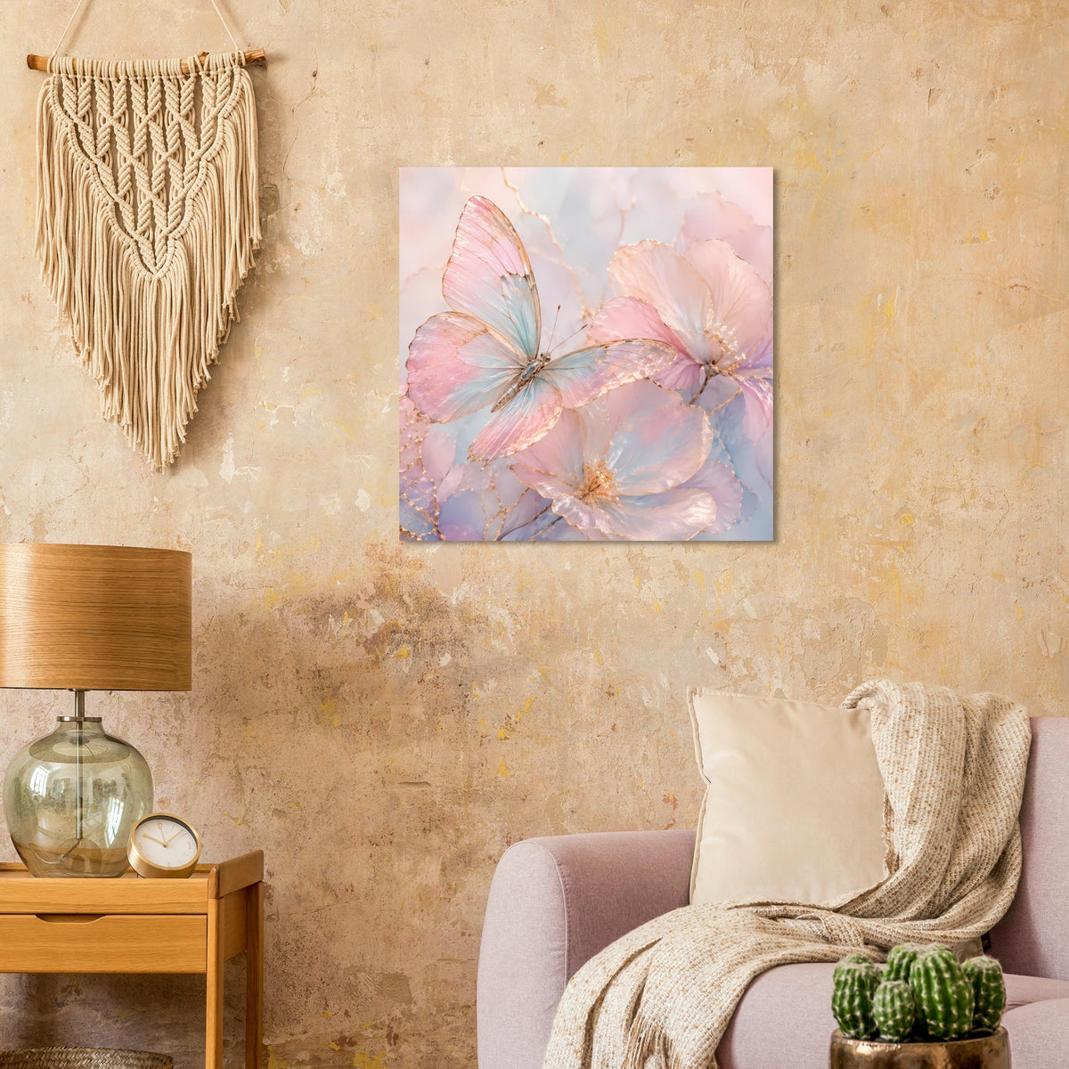 Aquarell-Poster mit Schmetterlingen in Rosé- und Blautönen, goldenen Akzenten