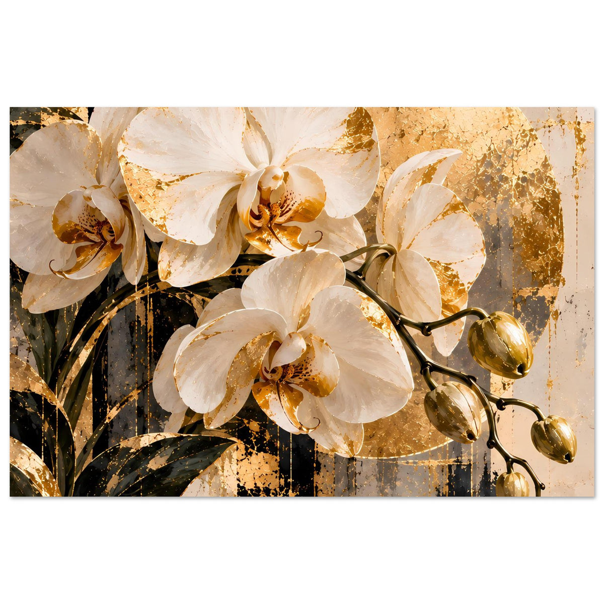 Blumenposter im Querformat: weiße Orchideen, goldene Highlights und abstrakte Textur im Design.