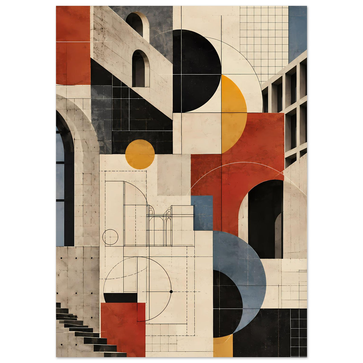 Kunstposter mit Architekturdetail-Muster, große Kreise und Bögen in Terrakotta und Schieferblau