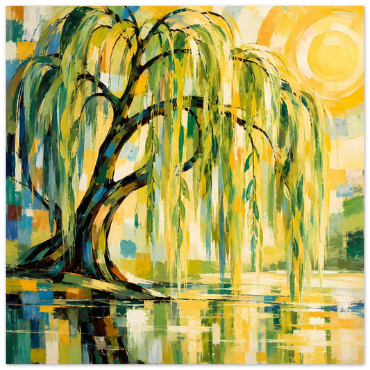 Poster mit Weidenbaum-Illustration, gelber Sonne und reflektierendem Wasser