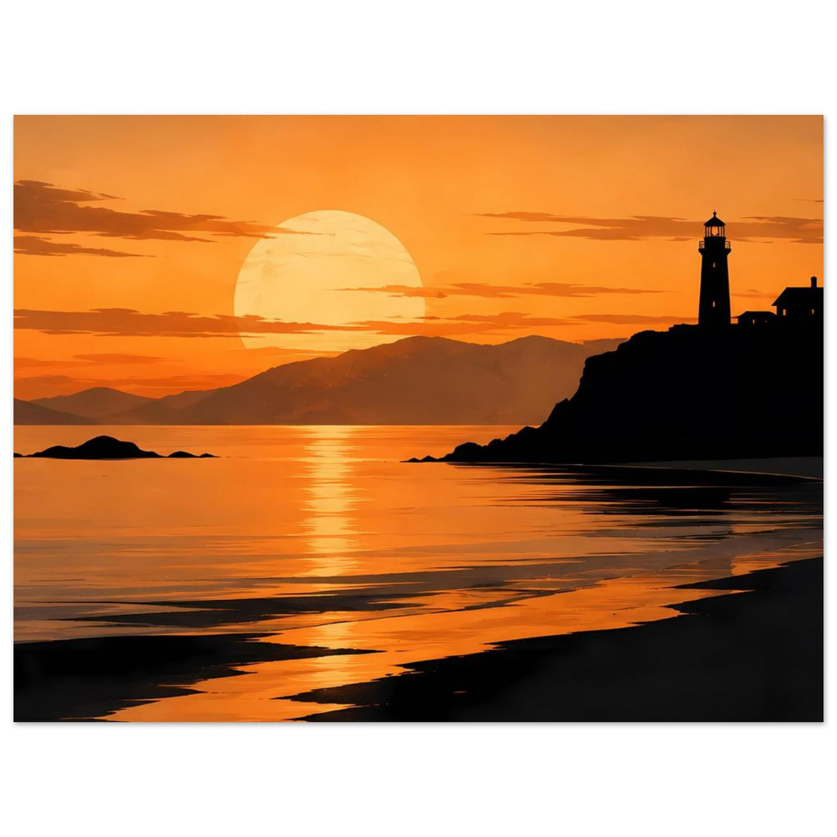 Küstenposter mit Leuchtturm am Ufer, Sonnenuntergangshimmel in Orange und ruhigem Meer