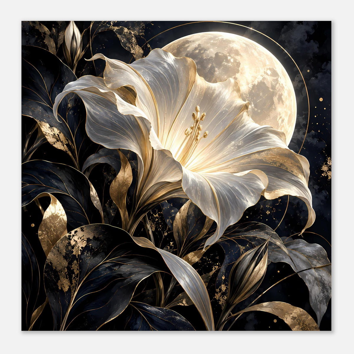 Poster im Querformat: leuchtende weiße Blume, Mondkreis und dunkle, gold gesprenkelte Blätter