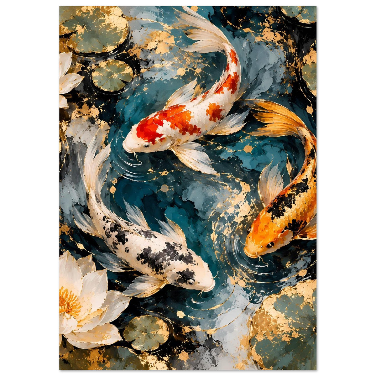 Kunstposter im Hochformat: Koi-Fische mit goldenen Spritzdetails und blauem Wasserbogen