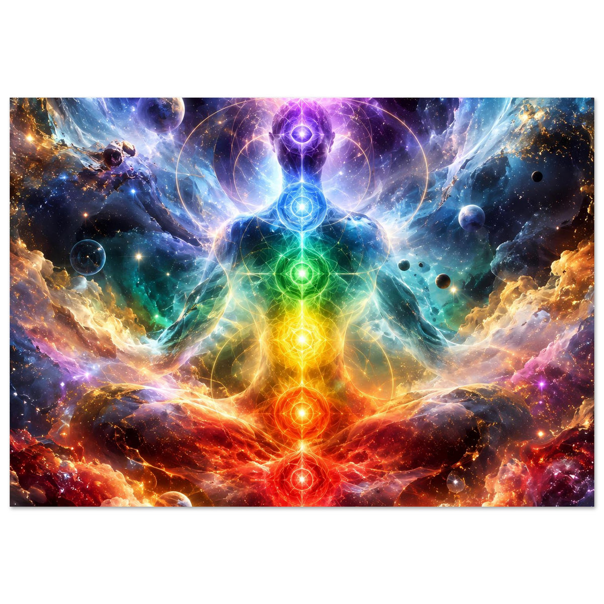 Meditationsposter im Querformat mit Energiefluss und Chakra-Symbol, bunt leuchtend