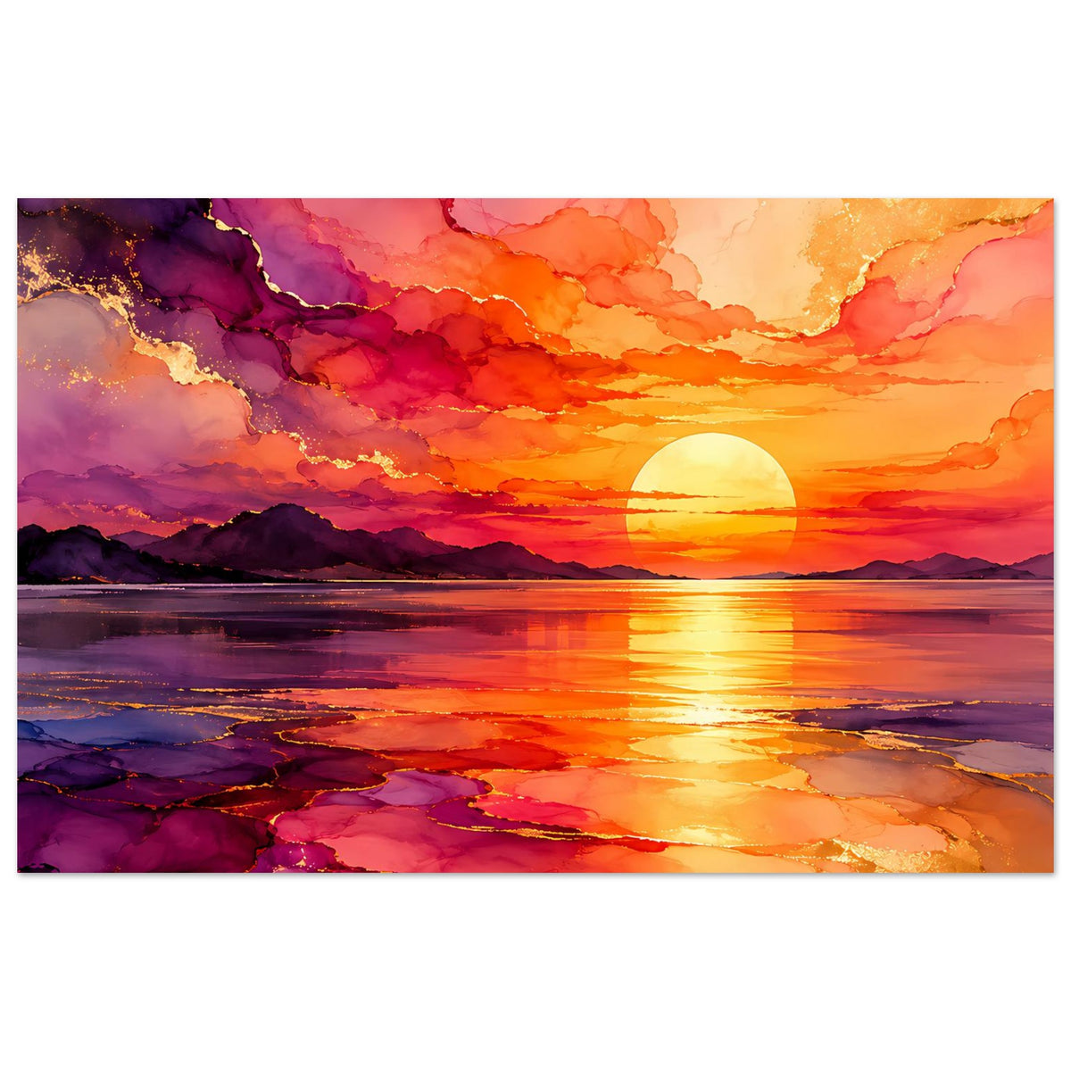 Poster: Sonnenuntergang mit gelber Sonne, violetten Wolken und orangefarbenem Meer.