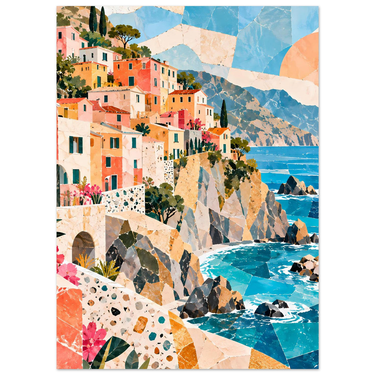 Vertikales Poster mit Küstenvillage-Motiv: Häuser am Hang, türkisblaues Meer und Sonnenkreis