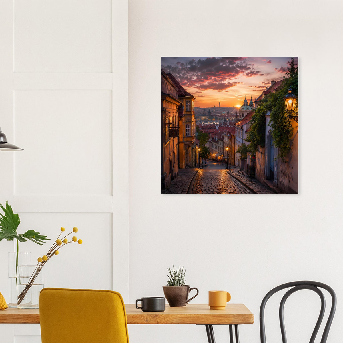 Gerahmtes Stadtposter mit Prager Gasse, Abendhimmel und beleuchteten Fenstern