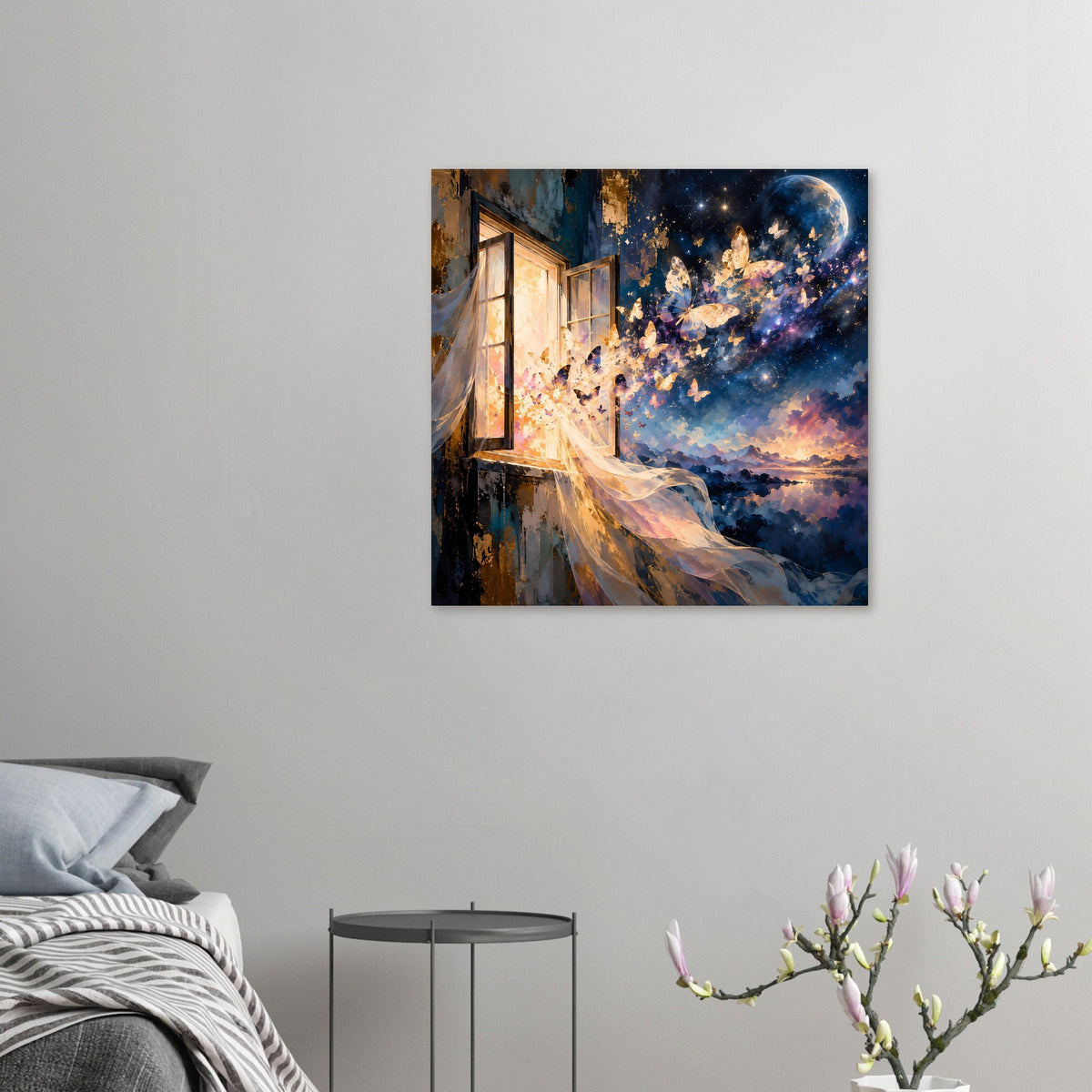 Quadratisches Kunstposter mit Schmetterlingen, offenem Fenster, Sternenhimmel und Mondsichel