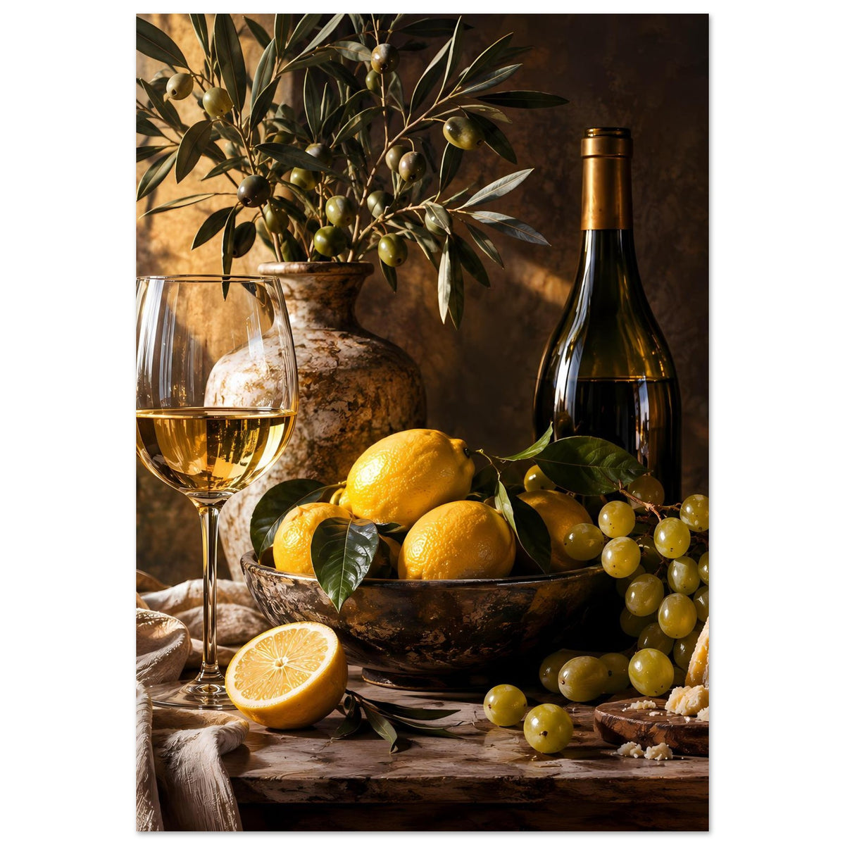 Poster mit Stillleben: Weinglas mit Wein, Weinflasche, Zitronen, Trauben und Olivenzweig