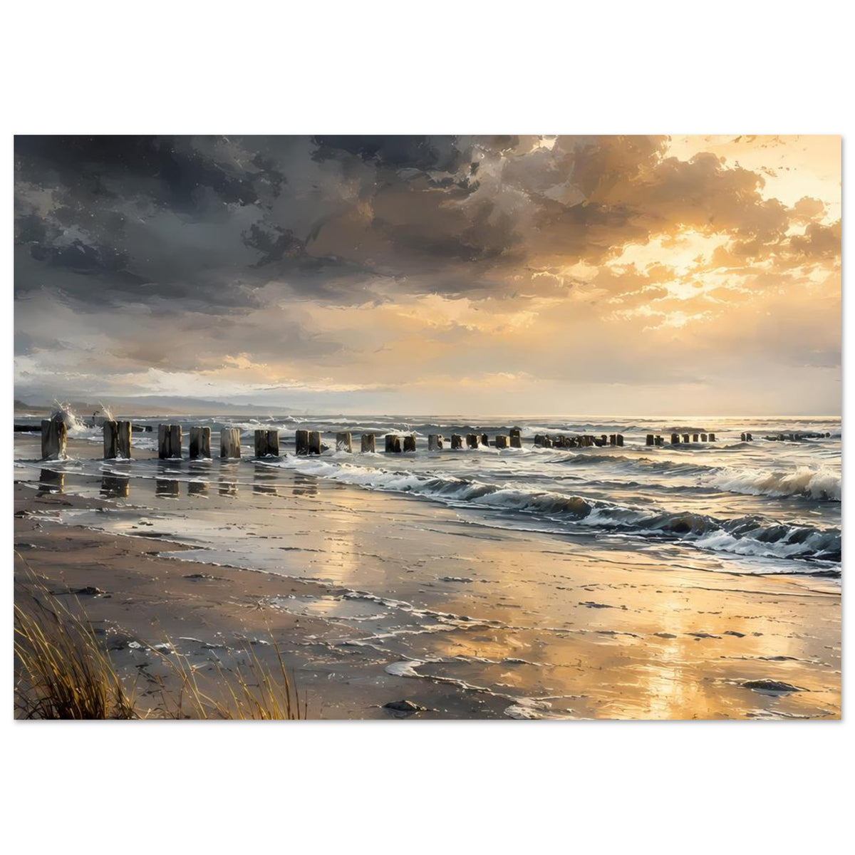 Strandposter im Querformat mit Sonnenuntergang, spiegelndem Strand, Wellen und Pfählen im Wasser