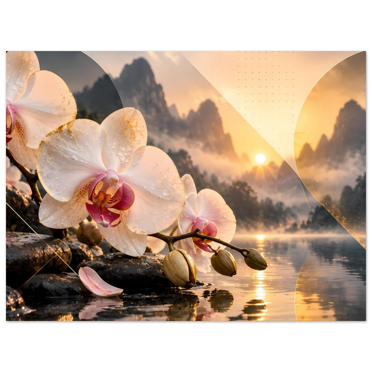 Orchideen-Wandposter mit weißen Orchideenblüten, Sonnenuntergang über Nebelbergen und See