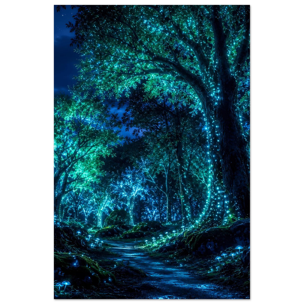Leuchtendes Waldposter mit blaugrünen Lichtpunkten entlang eines Baumstamms und Pfad
