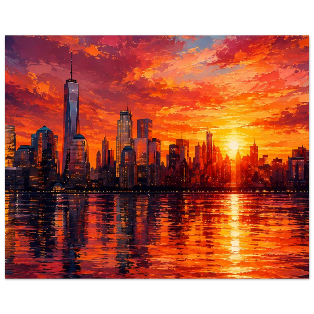 Poster im Querformat mit New York Skyline und One World Trade Center bei Sonnenuntergang
