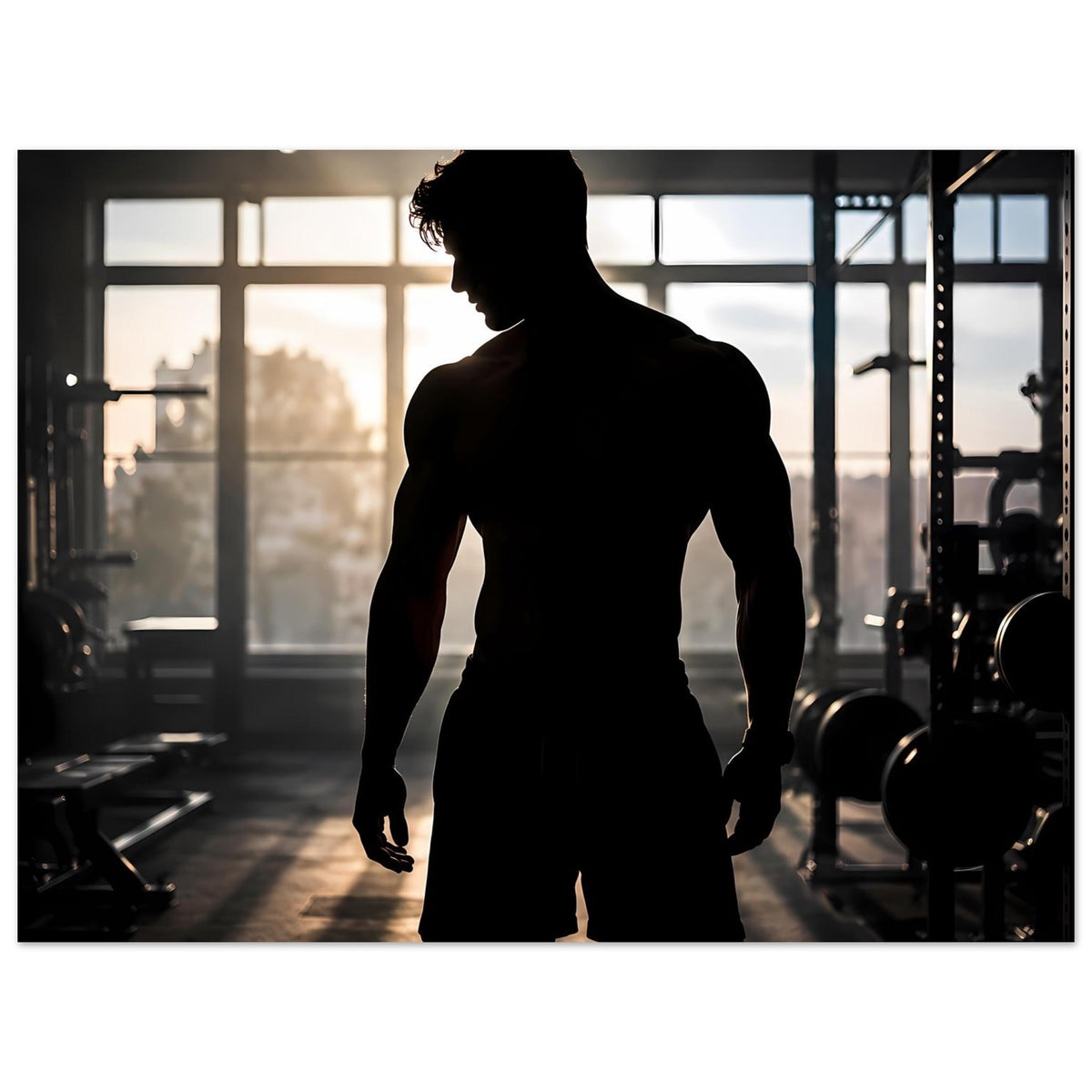 Fitnessposter mit dunkler Silhouette eines Athleten, Nahansicht bis zur Brust