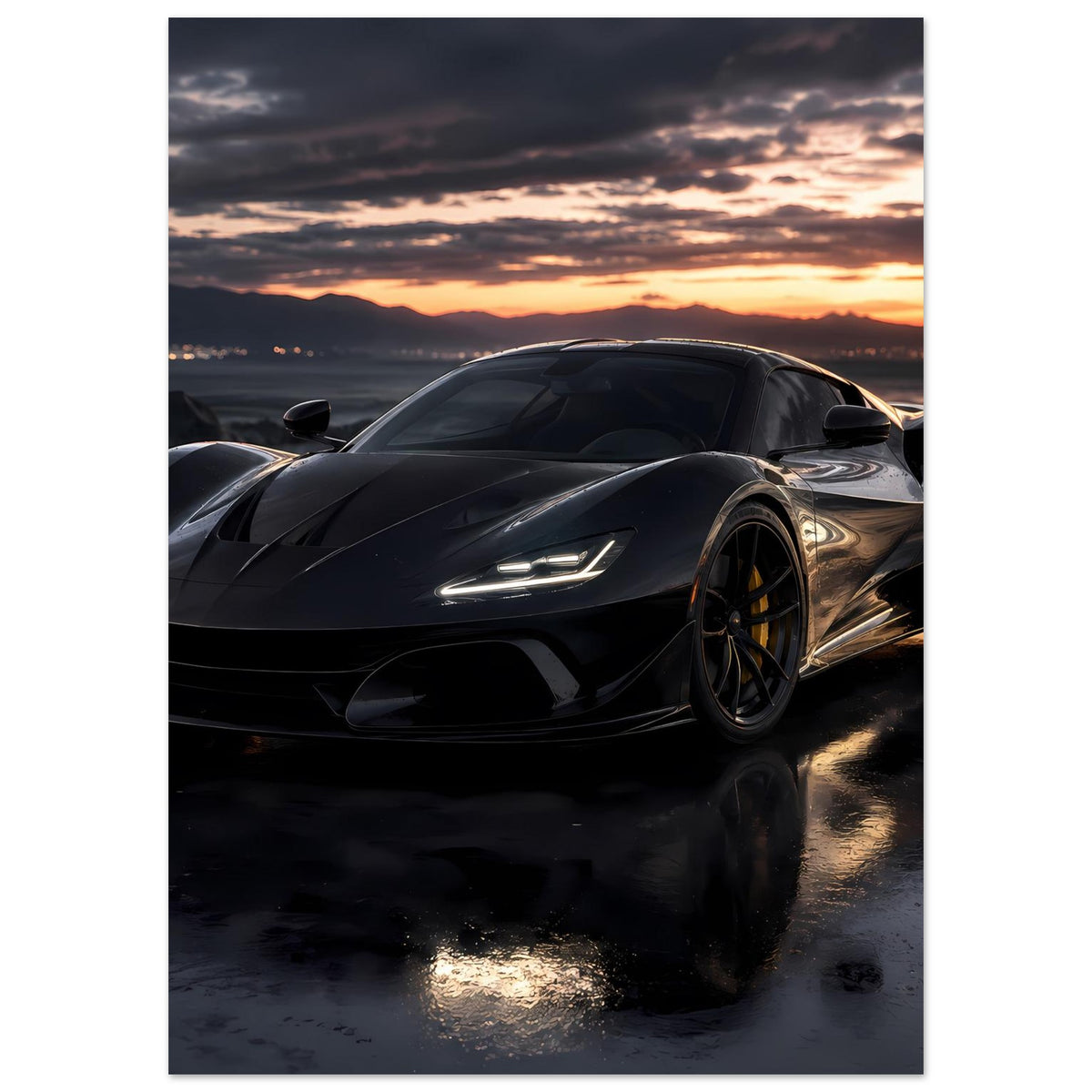 Sportwagen-Poster im Hochformat: schwarzer Flitzer, 3/4-Front, schmale Lichtsignatur bei Sonnenuntergang