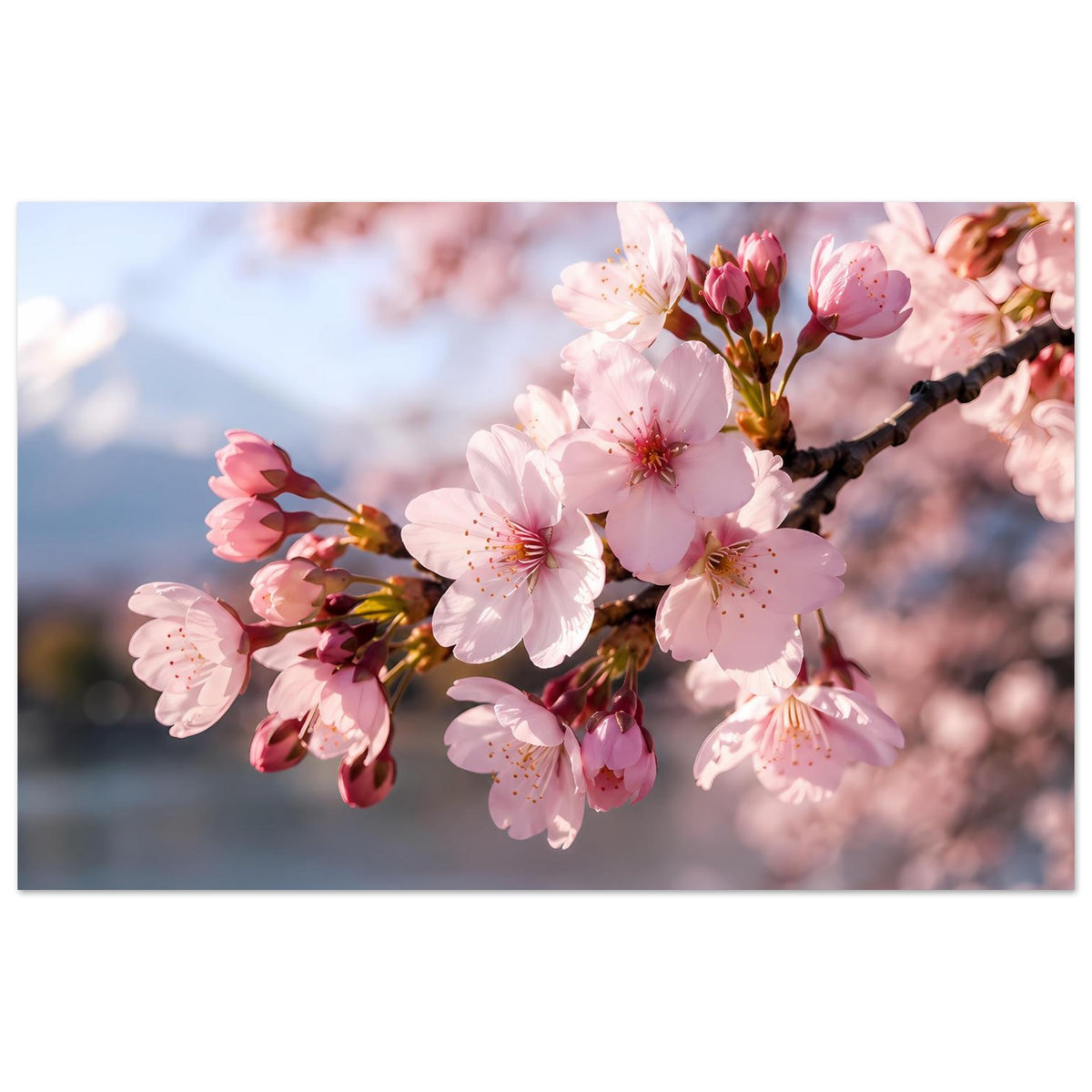 Sakura-Blütenposter mit rosa Blüten an dunklem Zweig, Querformat